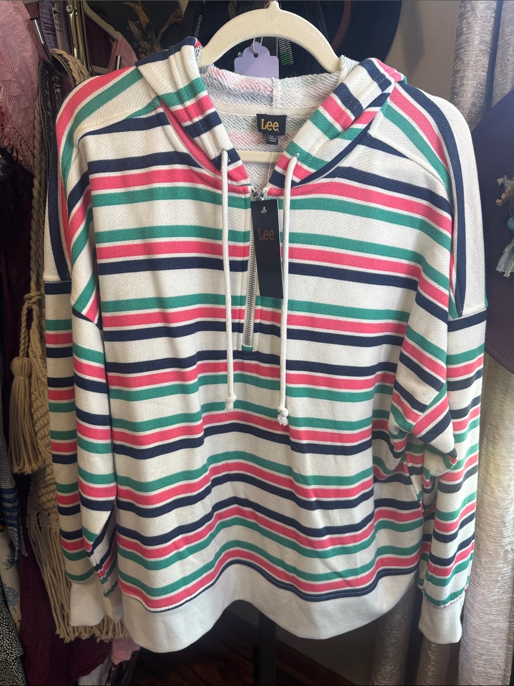 Lee Striped Half-Zip Hooded Sweater - White, Navy, Green, Pink